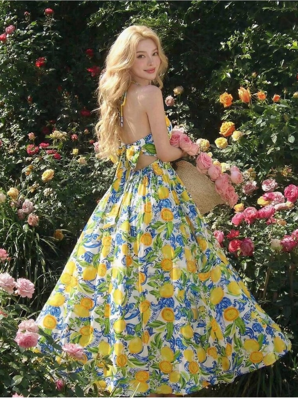 Bow-Tie Strap Lemon Print Floral Dress